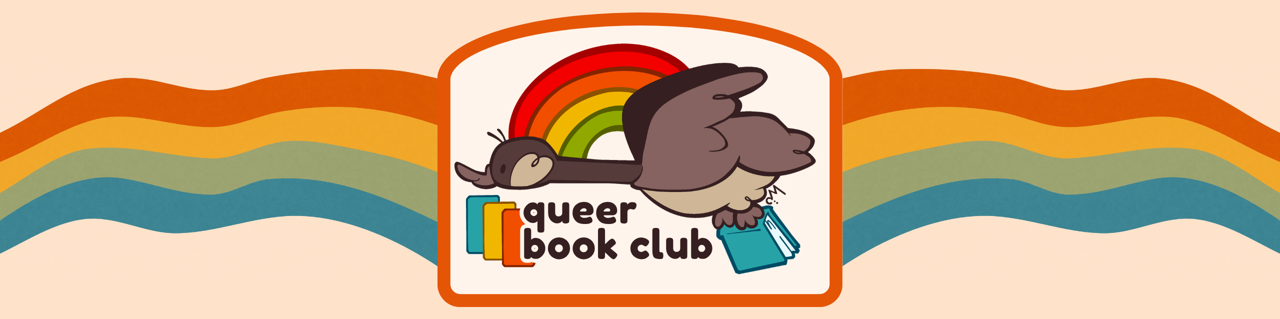 Logo depicting a cartoon Canadian goose, colored in warm grays, holding a blue book with its feet. A rainbow arcs from its head to its back. Below the goose is the logo of the Seekonk Public Library: blue, yellow and orange vertical bars and bubble font that reads queer book club, all lowercase. The logo is framed within a red orange border over a cream background. Behind this is a peach background with a vintage colored, wavy rainbow extending the length of the header image.